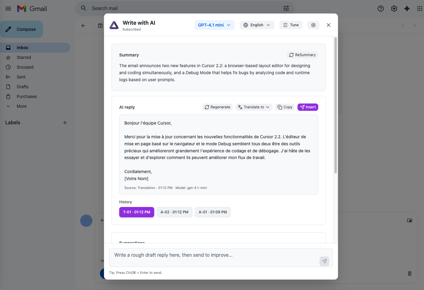 ChatGPT for Gmail AI Reply button in Gmail