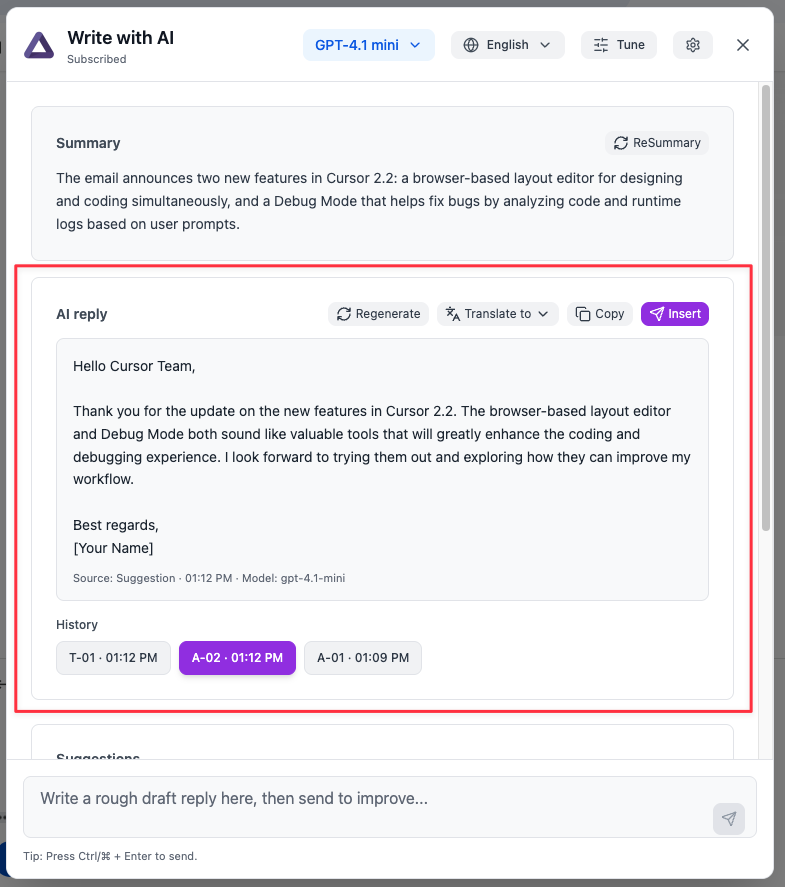 AI Reply view: generate, regenerate, copy, and insert into draft.