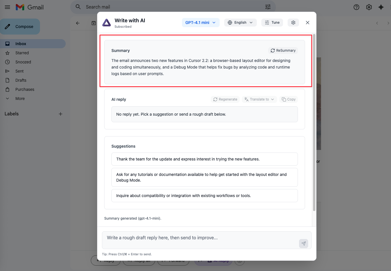 Summary view: key points and reply intent suggestions.