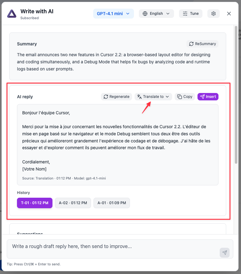 Translate a reply you like into your target language—no manual translation needed.