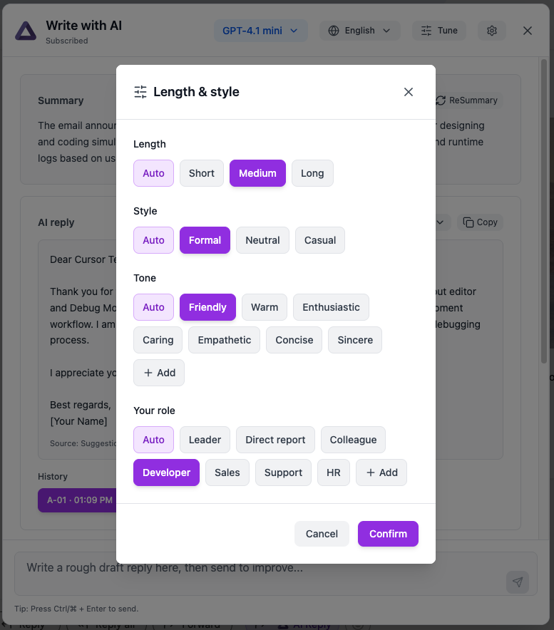 Tune Up view: control reply length, style, tone, and role.